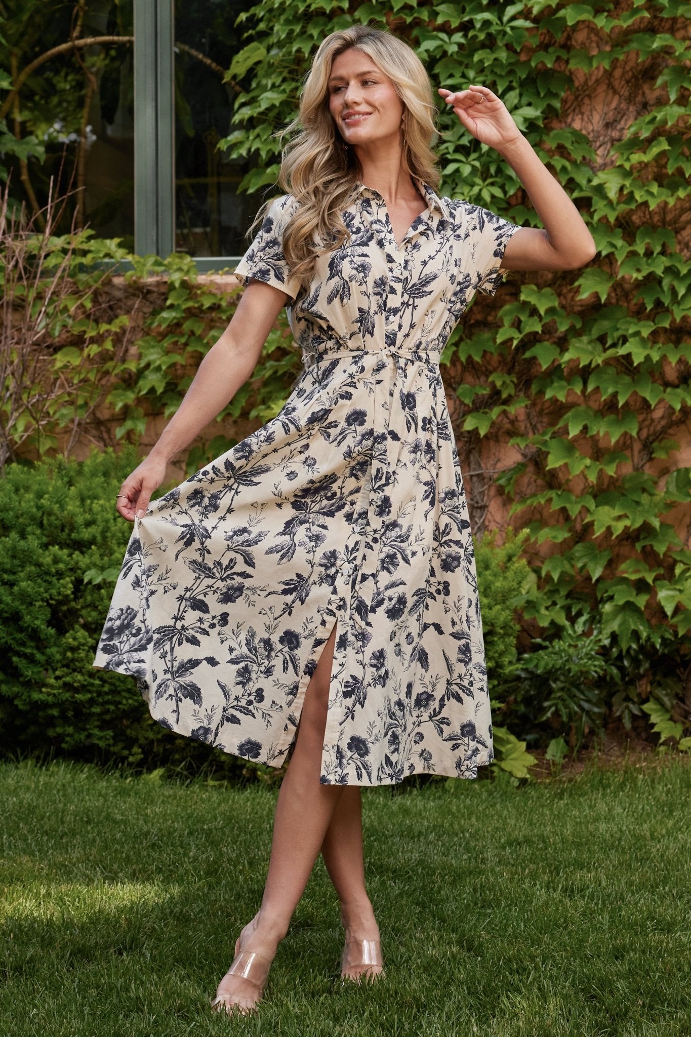 Lorna Midi Dress | Beige + Navy Print Lorna Midi Dress | Beige + Navy Print