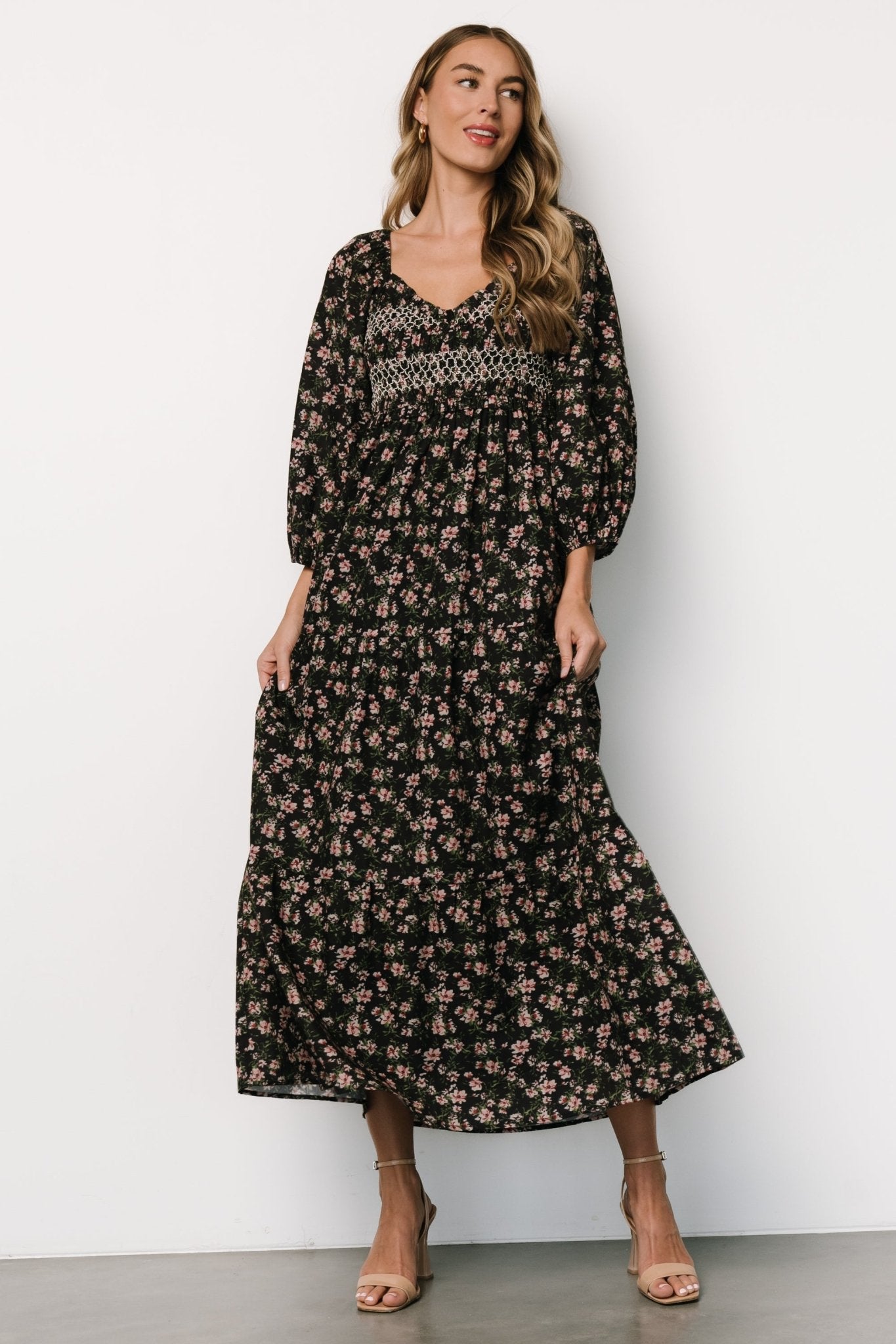 black smocked maxi dress Janine Sleeveless MEDIUM Smocked maxi dress Black Ruffle Strap Smocked Maxi