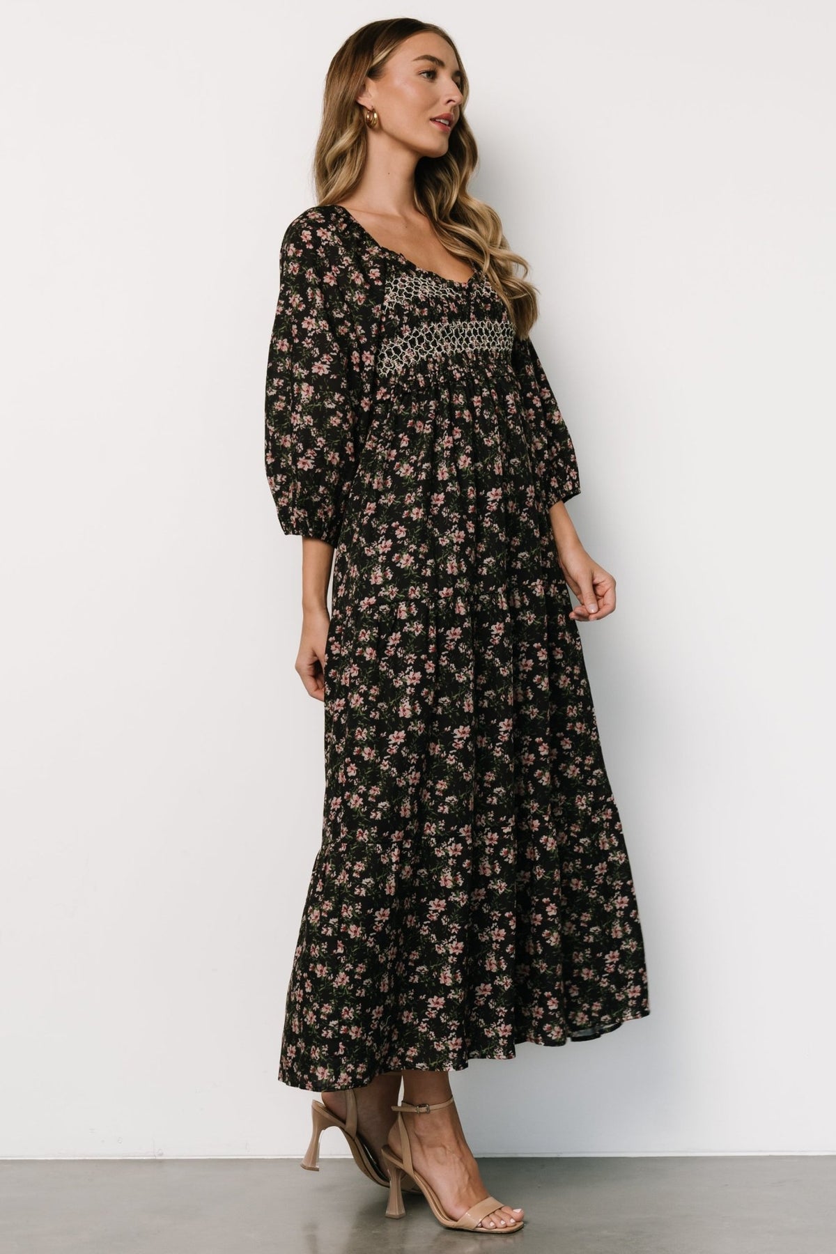 Baltic Born Womens Louisa Smocked Maxi Dress | Black Floral