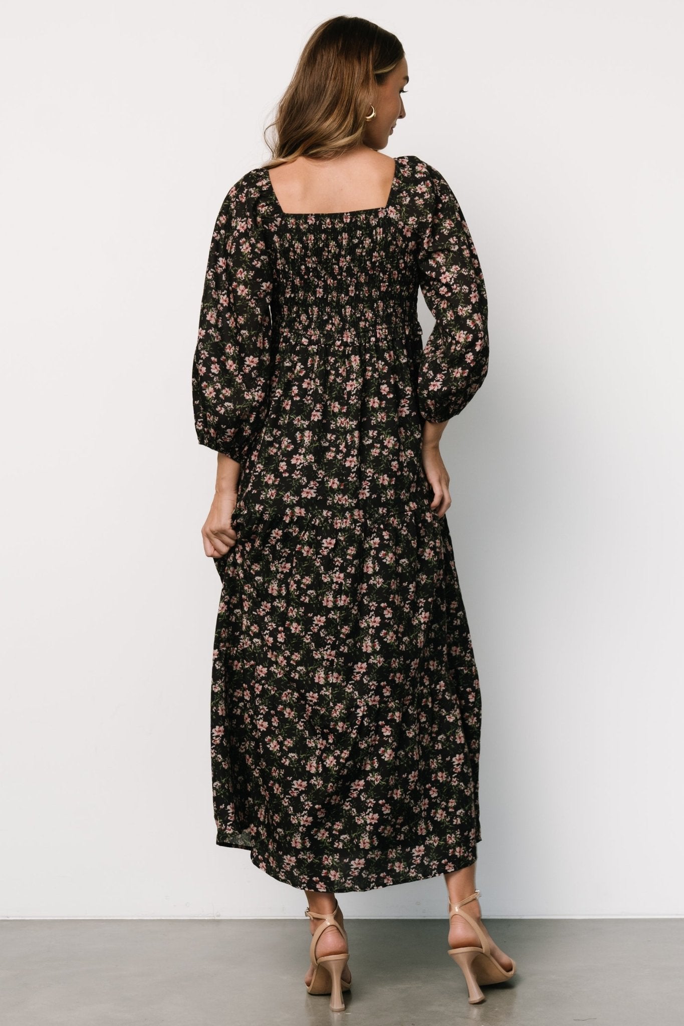 Baltic Born Womens Louisa Smocked Maxi Dress | Black Floral