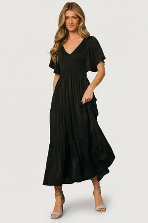 Lovell Smocked Midi Dress  Black Satin Midi | Baltic Born L