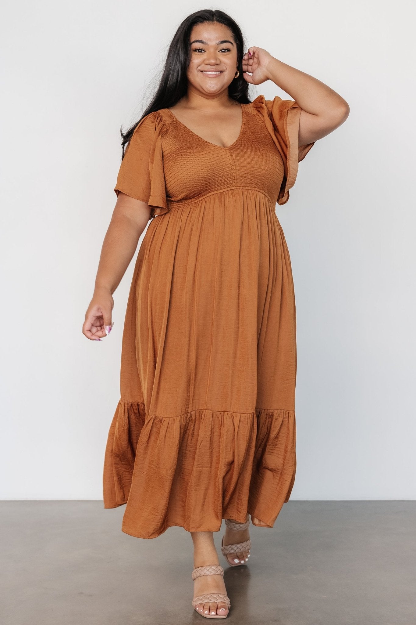 Lovell Smocked Midi Dress Dark Copper | Baltic Born L Lovell Smocked Midi Dress Dark Copper | Baltic Born L