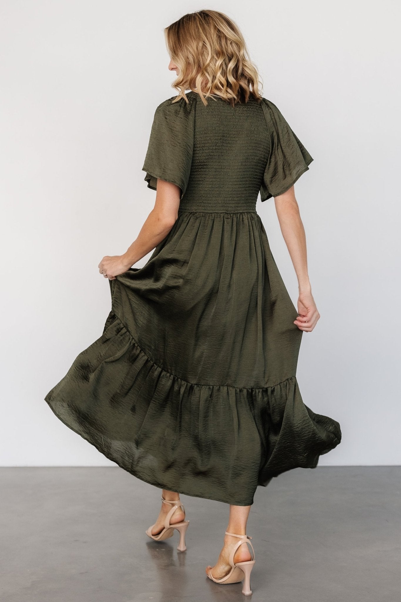 Baltic Born Womens Lovell Smocked Midi Dress | Deep Olive | Size: Xs Baltic Born Womens Lovell Smocked Midi Dress | Deep Olive | Size: Xs