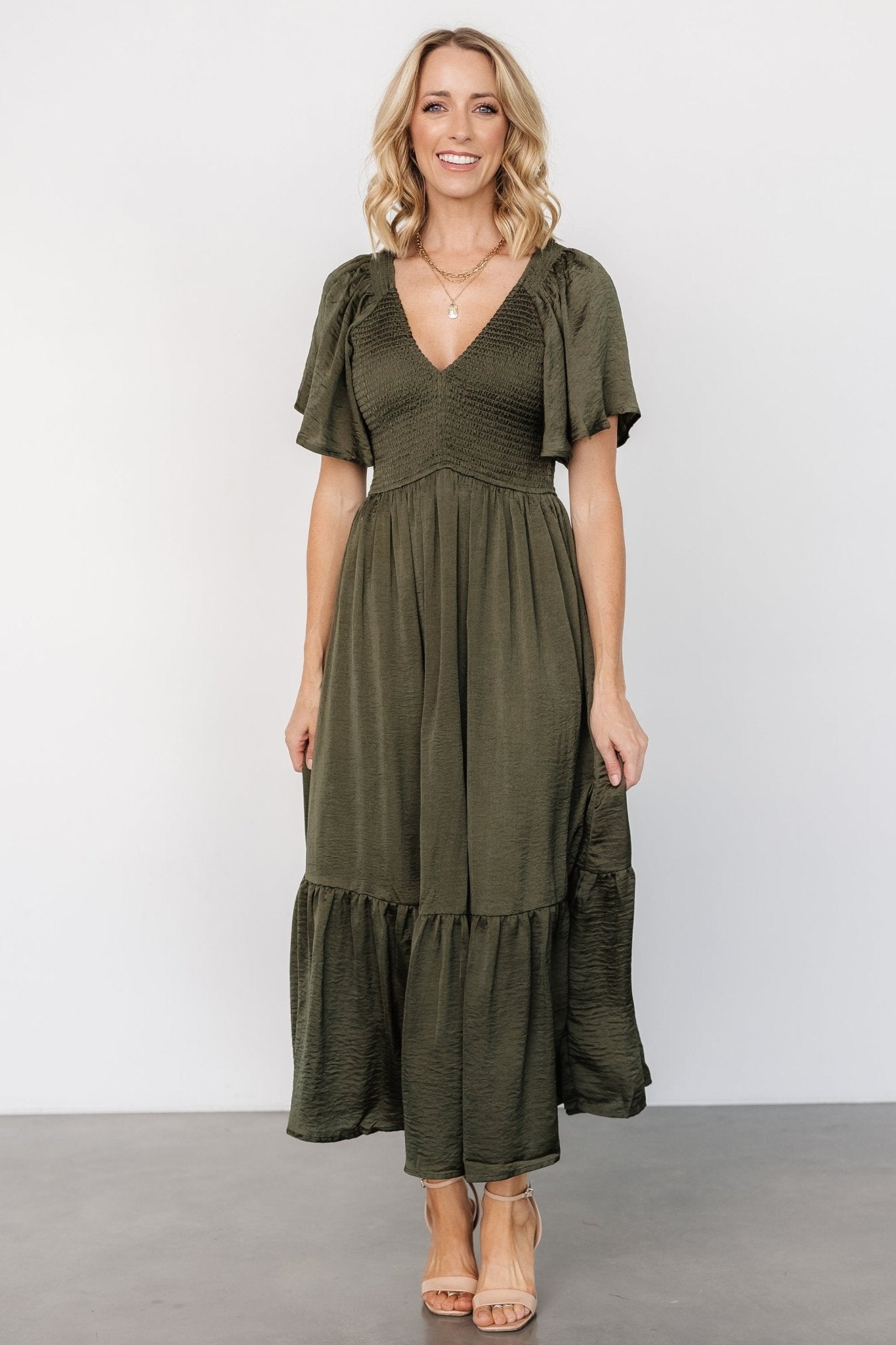 Baltic Born Womens Lovell Smocked Midi Dress | Deep Olive | Size: XS Baltic Born Womens Lovell Smocked Midi Dress | Deep Olive | Size: XS