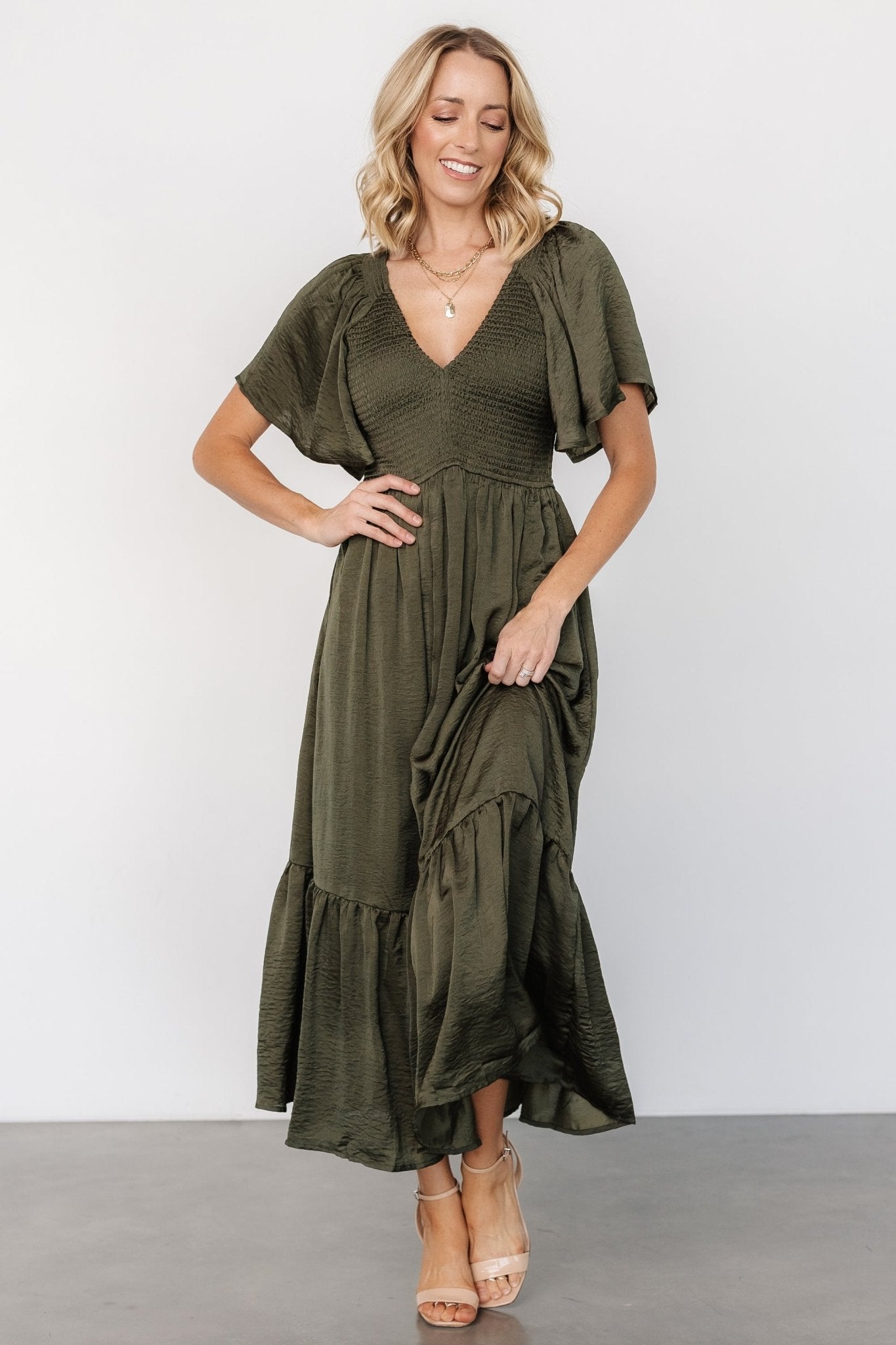 Lovell Smocked Midi Dress | Deep Olive - Baltic Born