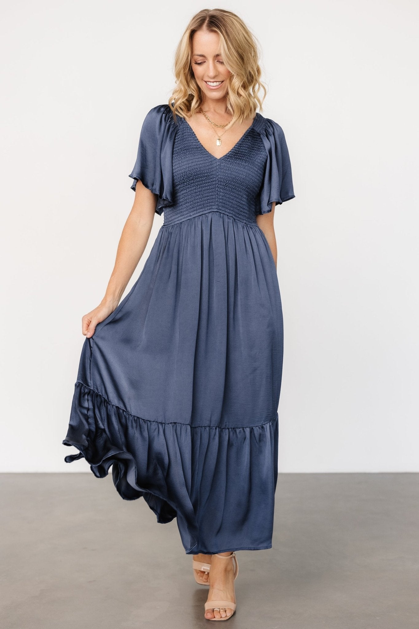 Baltic Born Womens Lovell Smocked Midi Dress | Midnight Blue
