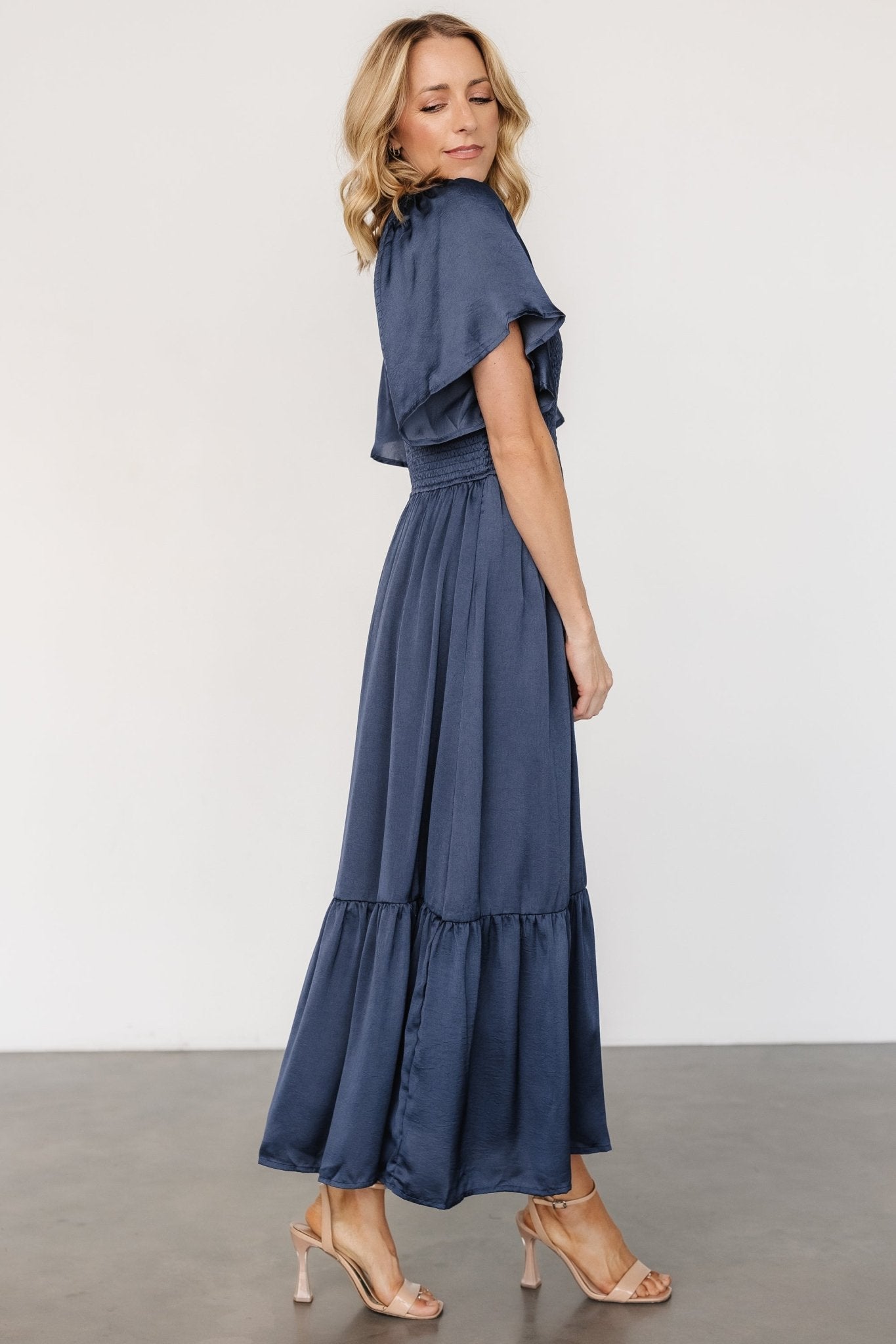 Baltic Born Womens Lovell Smocked Midi Dress | Midnight Blue Baltic Born Womens Lovell Smocked Midi Dress | Midnight Blue