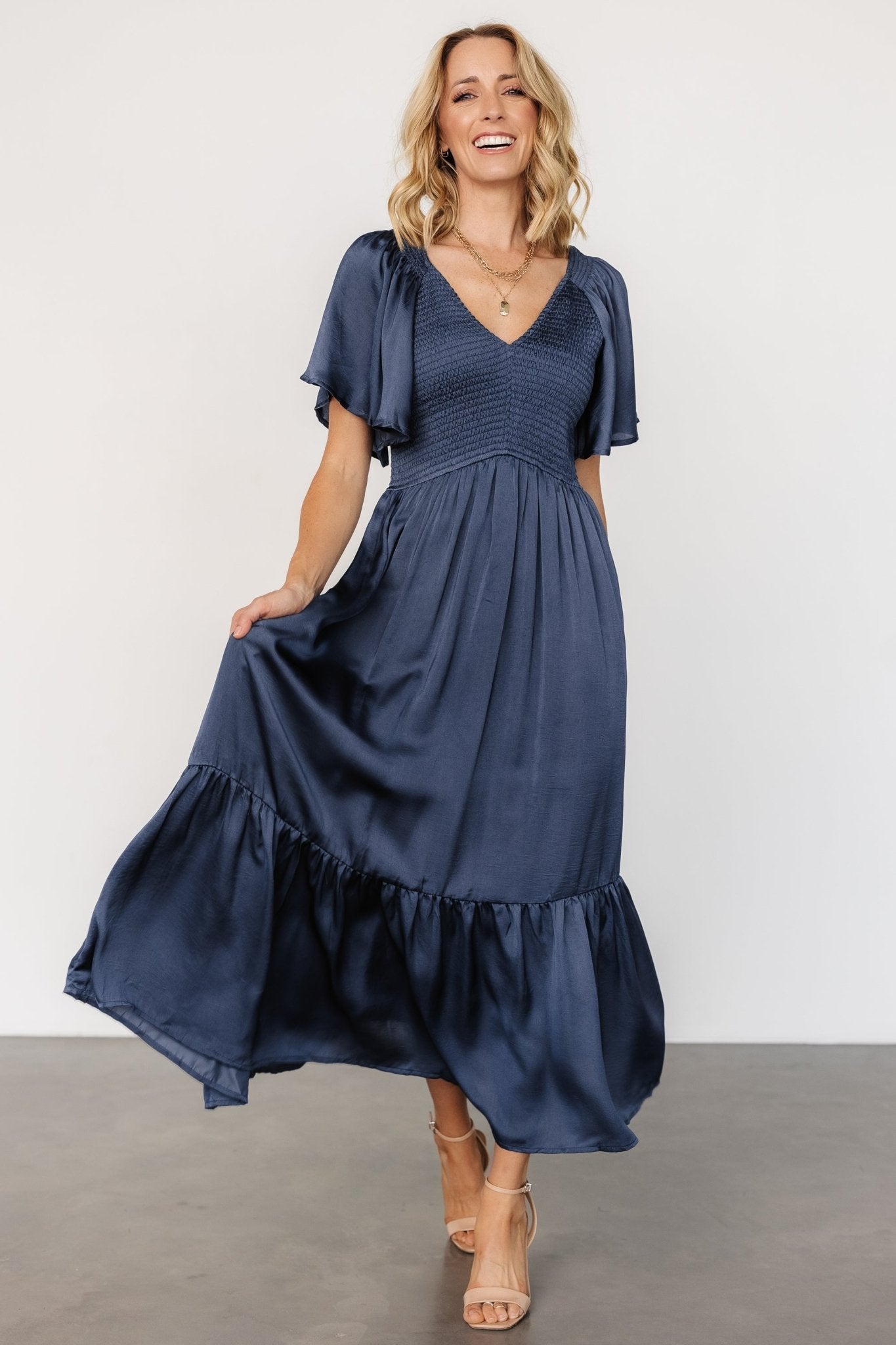 Baltic Born Womens Lovell Smocked Midi Dress | Midnight Blue