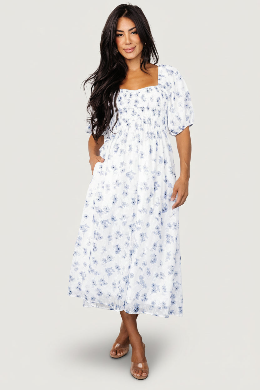 Baltic Born Womens Luca Dress | White + Blue Floral