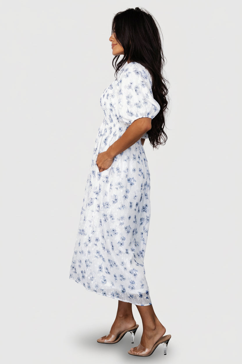 Luca Smocked Midi Dress - White & Blue Floral | Baltic Born S Luca Smocked Midi Dress - White & Blue Floral | Baltic Born S