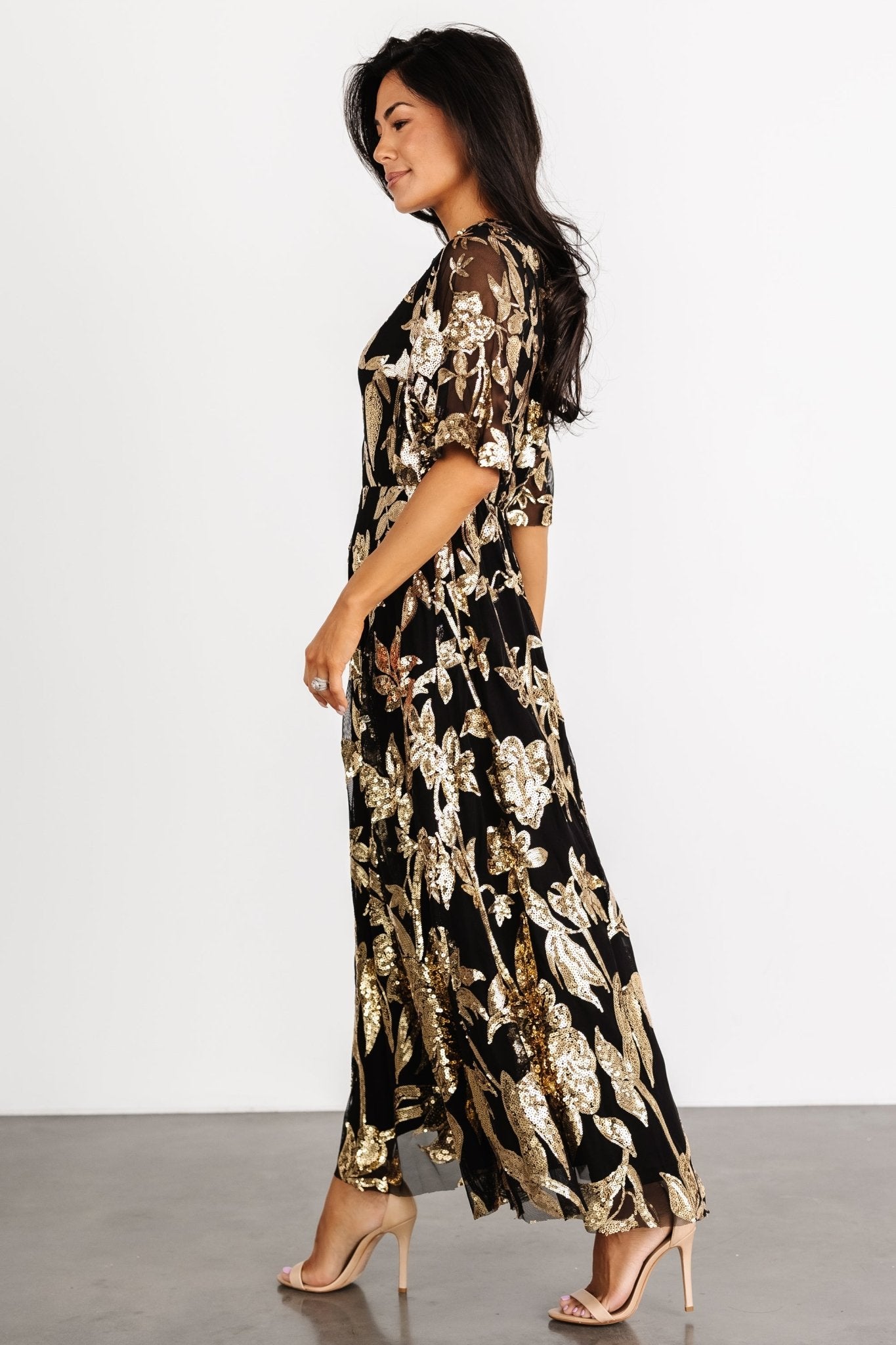 Baltic Born Womens Lucy Sequin Dress | Black + Gold