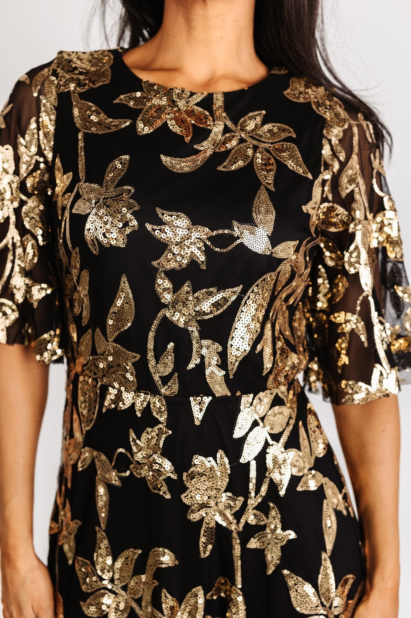 Lucy Sequin Dress — Black & Gold Tulle Maxi