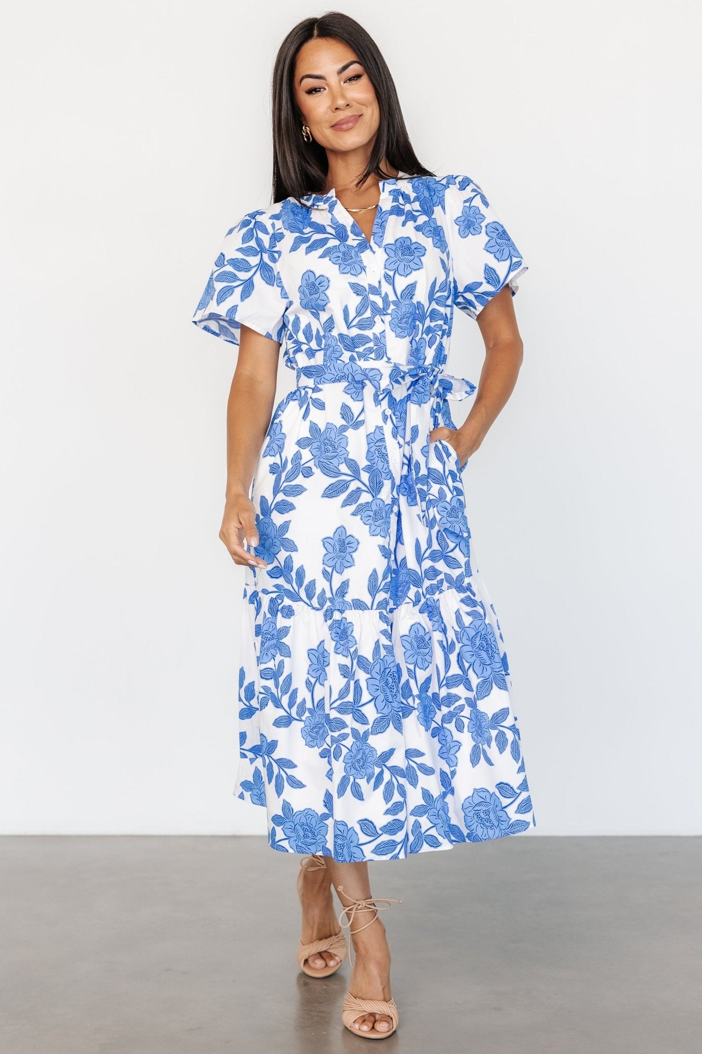 Lydie Button Midi Dress | White + Blue - Baltic Born