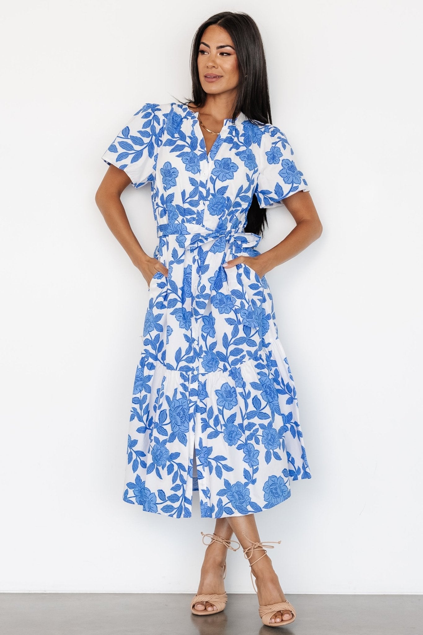 Lydie Button Midi Dress | White + Blue - Baltic Born