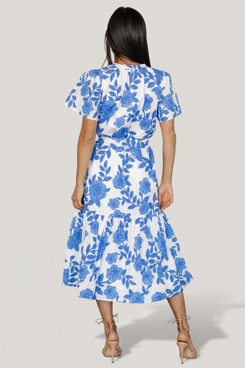 Lydie Button Midi Dress | White + Blue