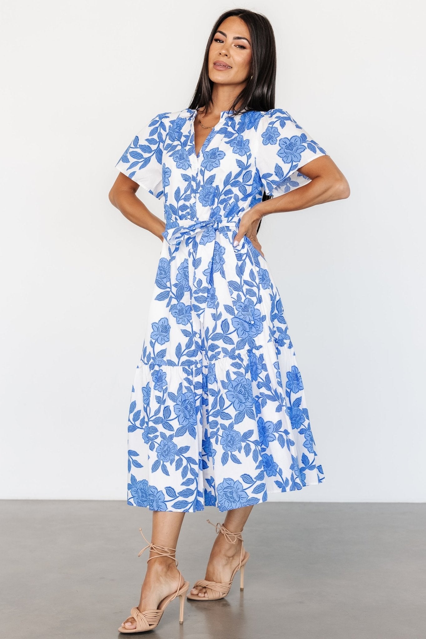 Lydie Button Midi Dress | White + Blue - Baltic Born