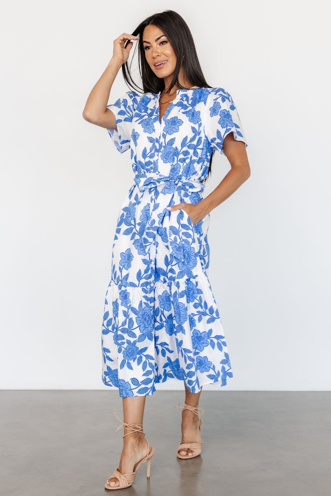 Lydie Button Midi Dress | White + Blue | Baltic Born