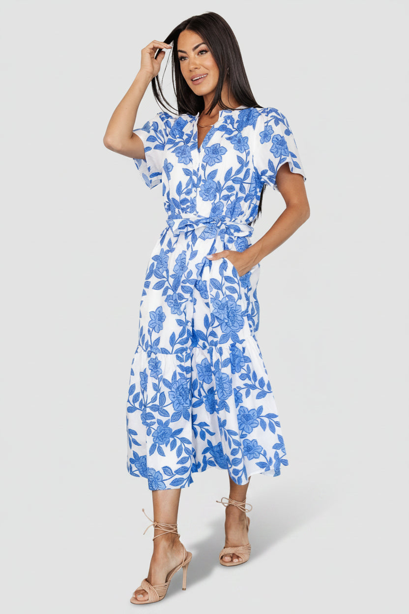 Lydie Button Midi Dress — White & Blue Floral