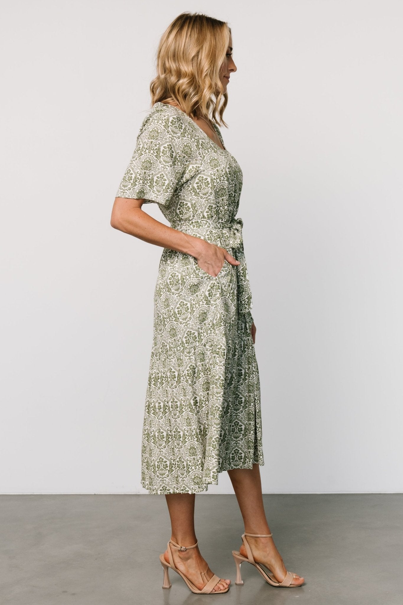 Lyla Midi Dress | White + Olive Print - Baltic Born