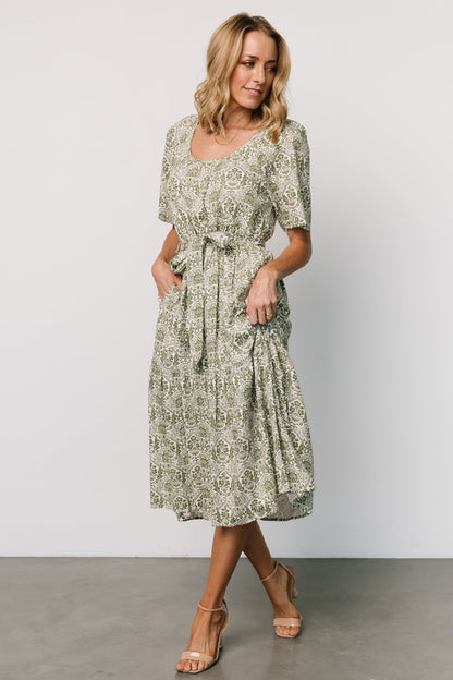 Lyla Midi Dress | White + Olive Print - Baltic Born