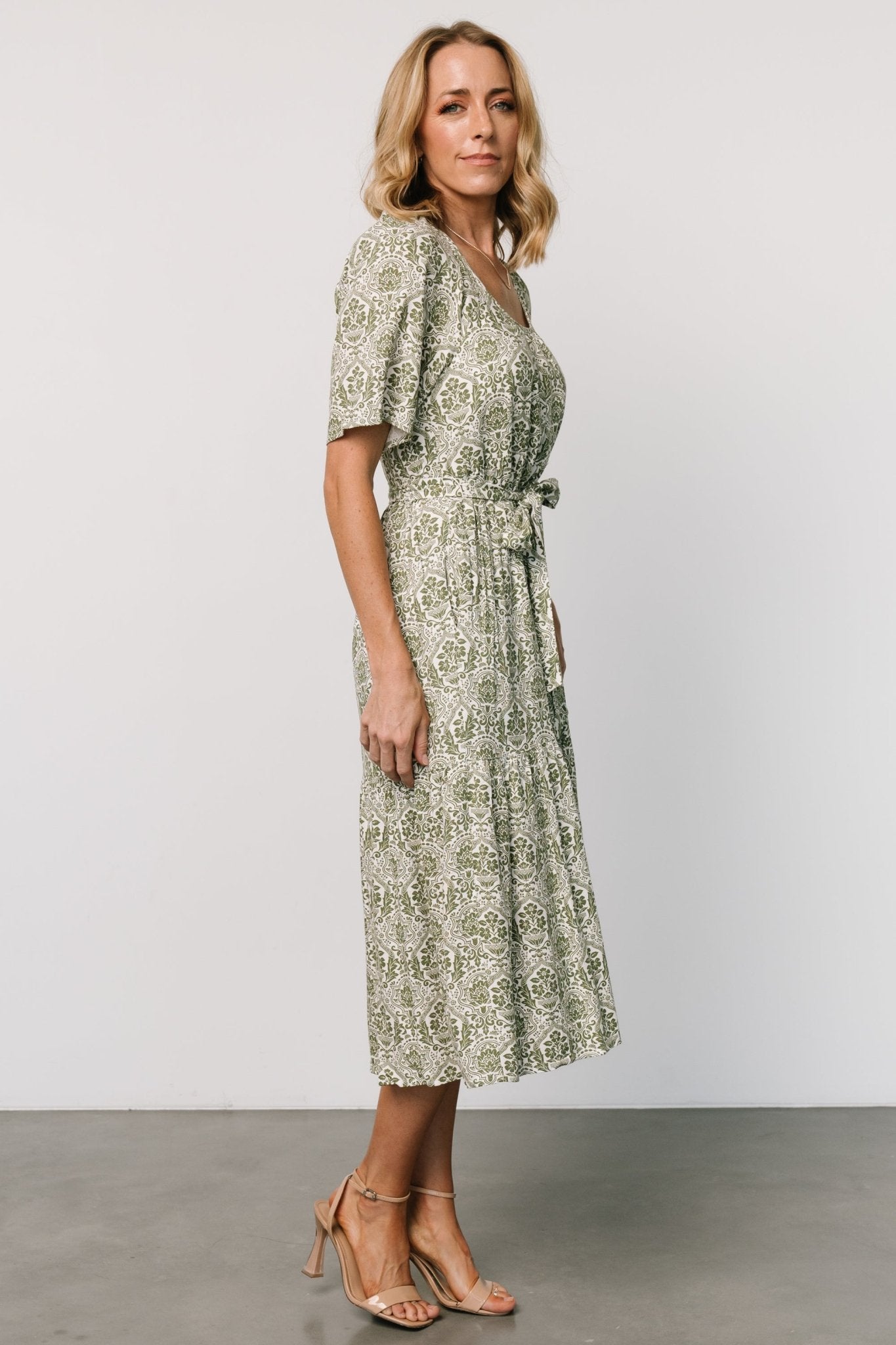 Lyla Midi Dress | White + Olive Print - Baltic Born