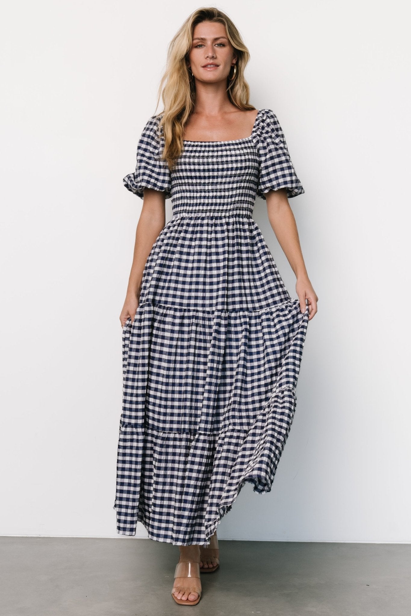 Lyndy Smocked Dress | Off White + Blue Gingham - Baltic Born