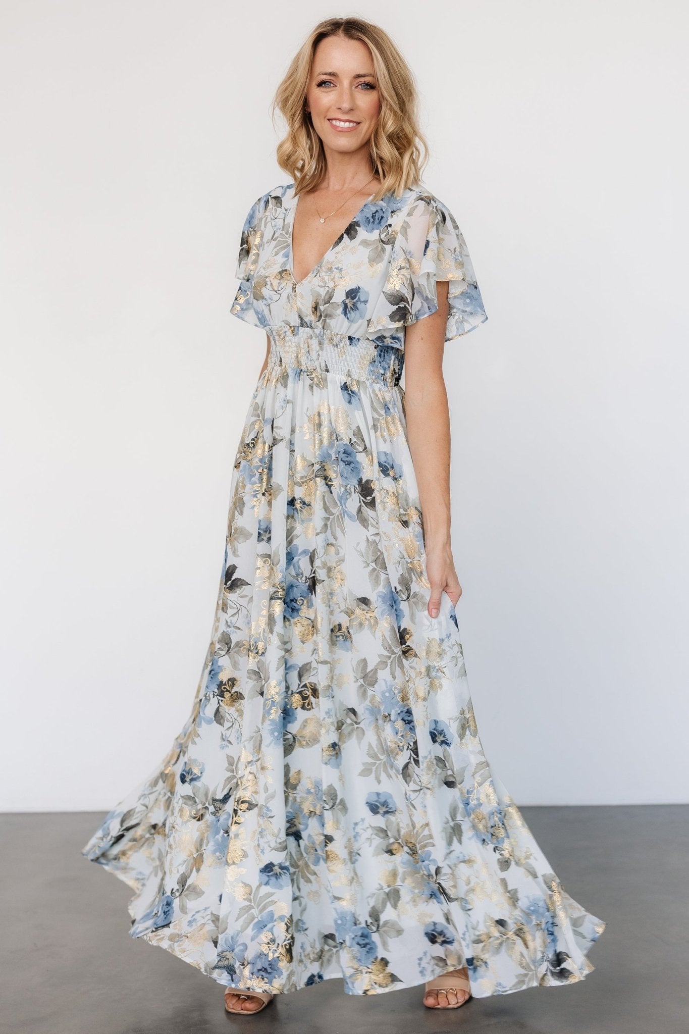 Lynlee Metallic Maxi Dress | Dusty Blue - Baltic Born