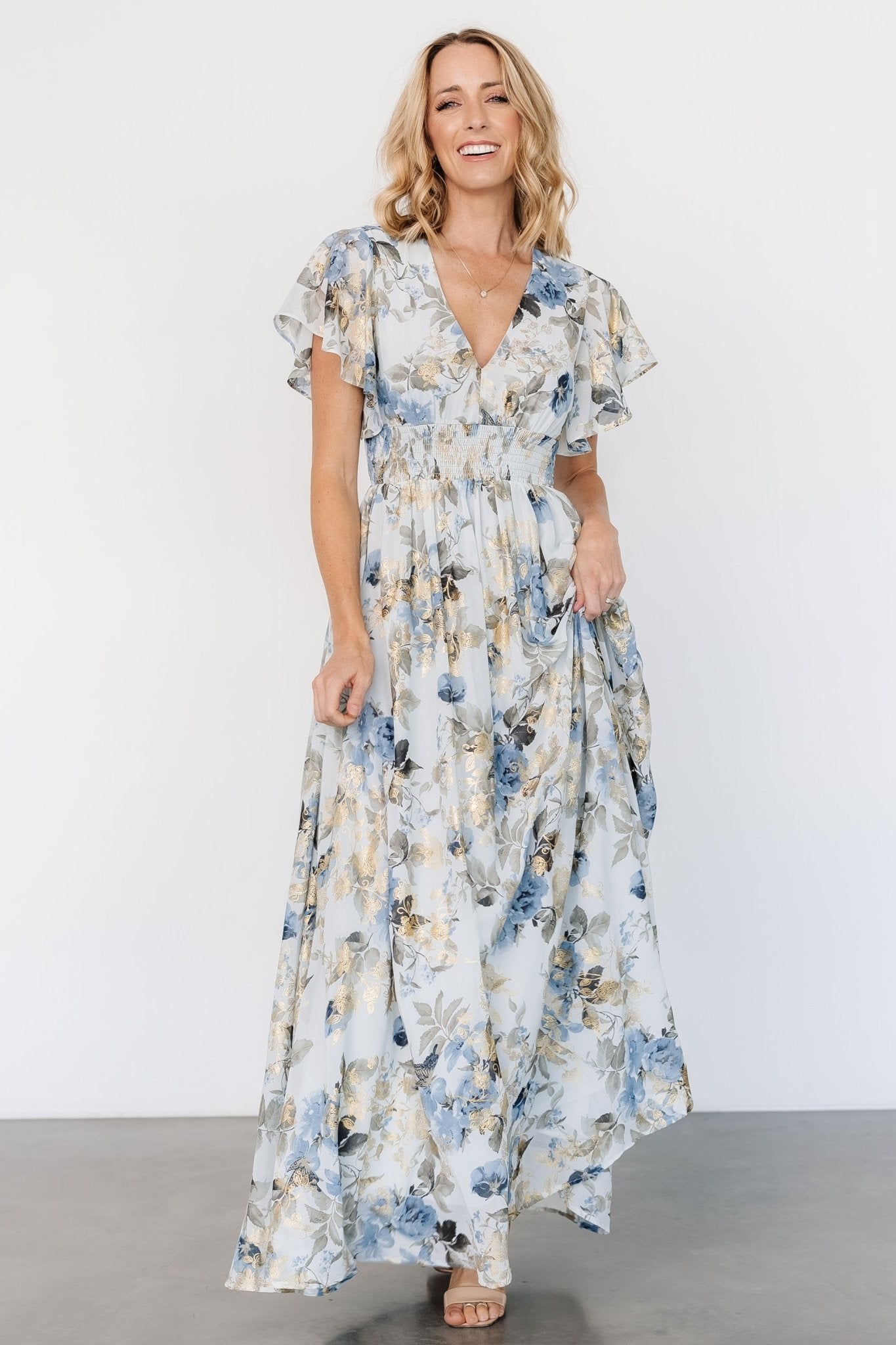 Lynlee Metallic Maxi Dress | Dusty Blue - Baltic Born