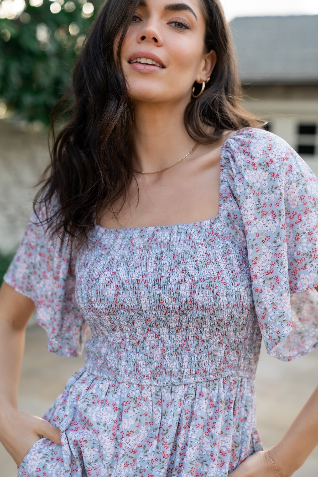 blue smocked dress Baltic Born Womens Lyssa Smocked Dress | Dusty Blue Floral