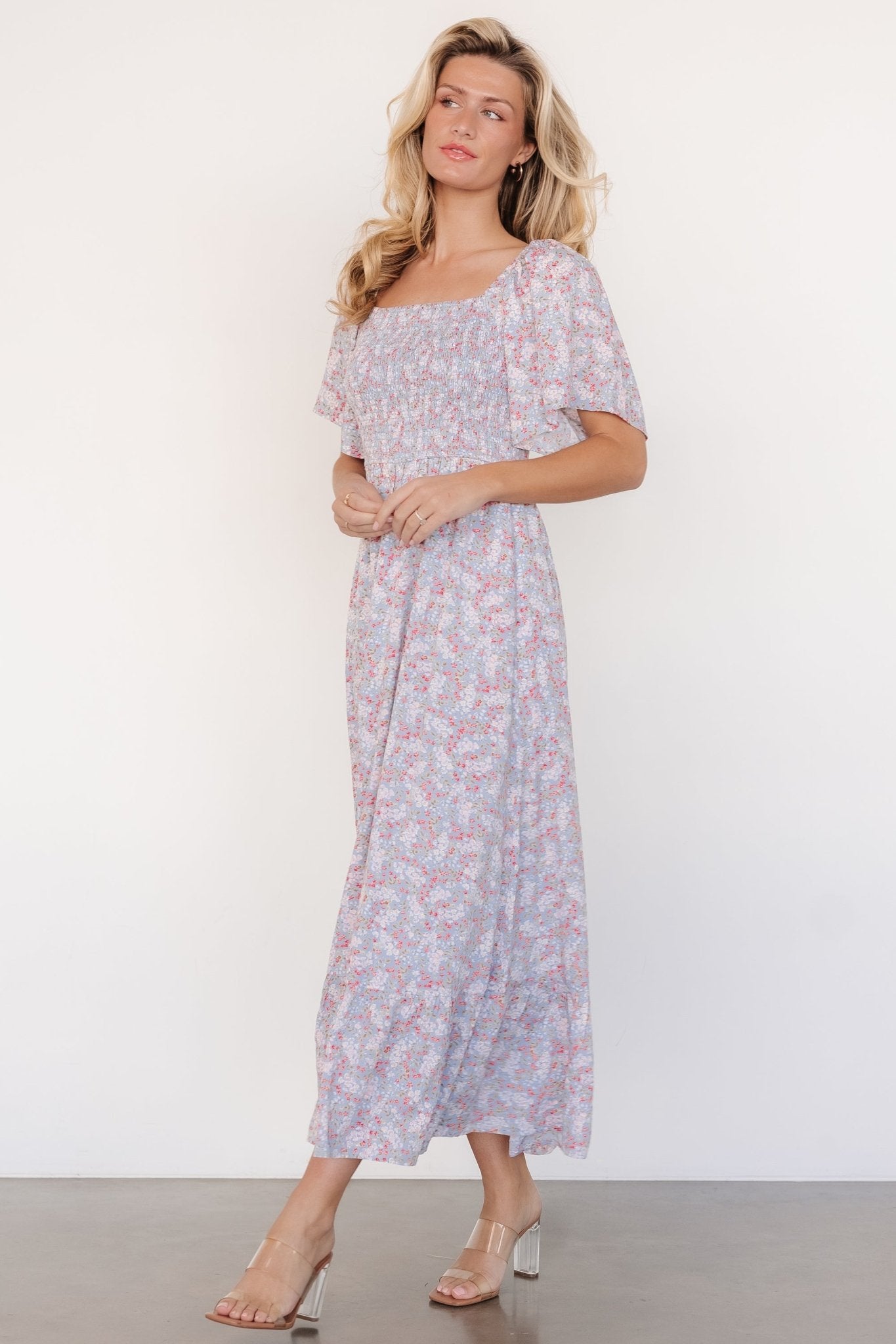 Baltic Born Womens Lyssa Smocked Dress | Dusty Blue Floral