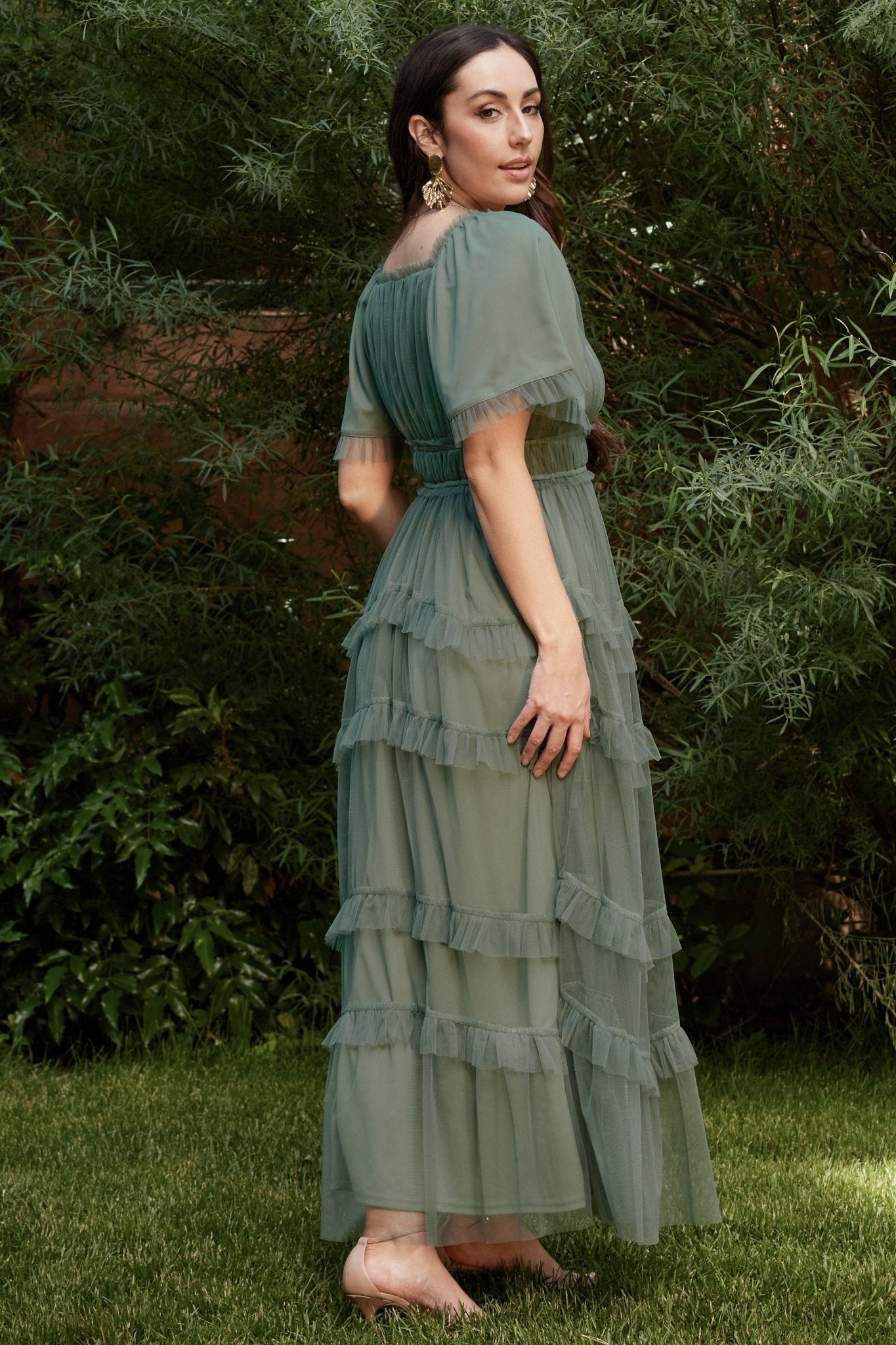 Baltic Born Womens Magdalena Tulle Maxi Dress | Eucalyptus | Color: Dark Eucalyptus