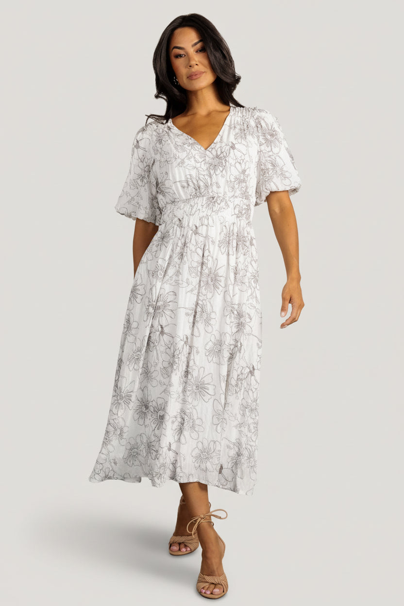 MAKENNA PATCHWORK PRINT MIDI DRESS