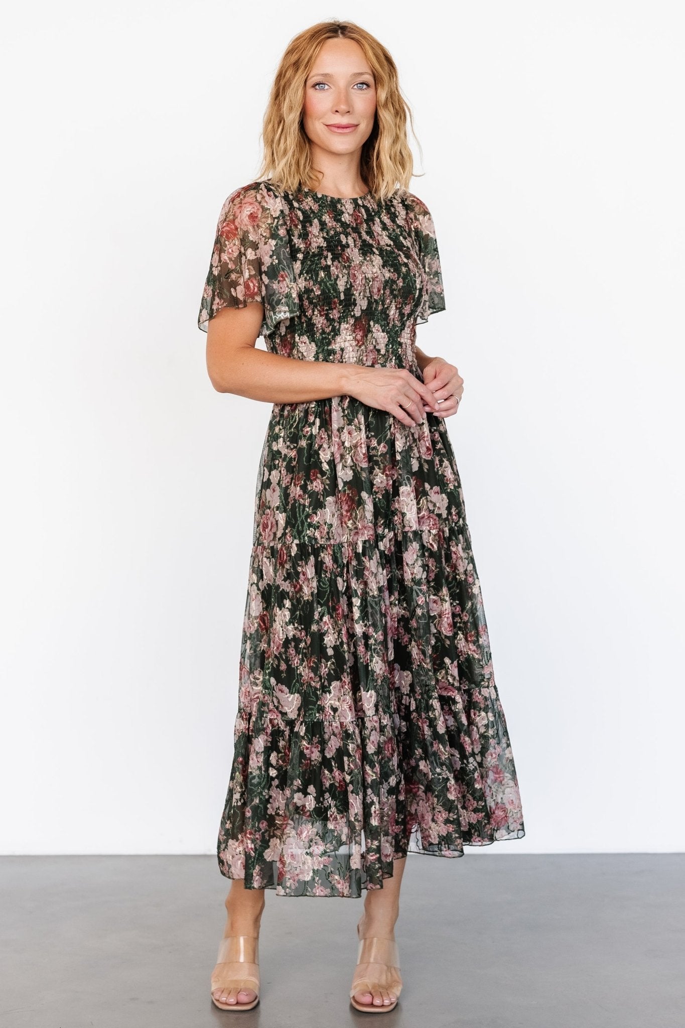 Mara Embroidered Tulle Dress | Dark Green + Blush Floral - Baltic Born