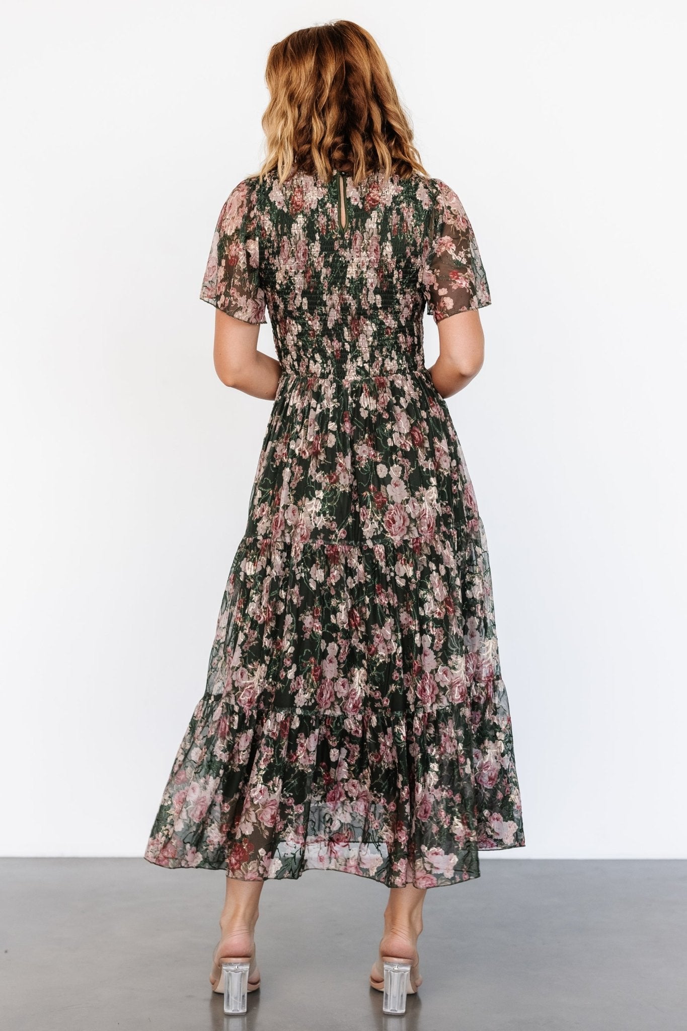 Mara Embroidered Tulle Dress | Dark Green + Blush Floral - Baltic Born