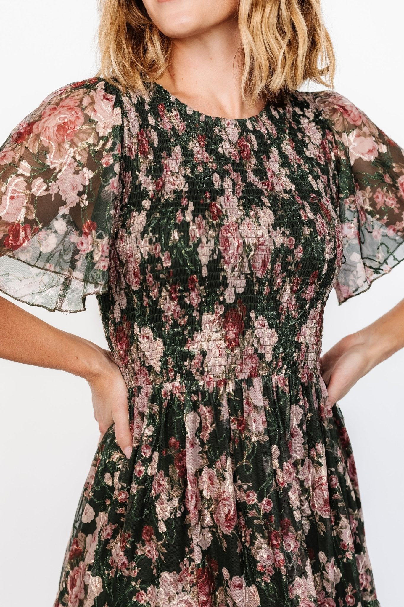 Mara Embroidered Tulle Dress | Dark Green + Blush Floral - Baltic Born