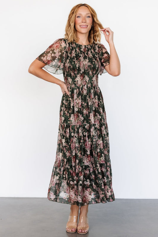 Mara Embroidered Tulle Dress | Dark Green + Blush Floral - Baltic Born