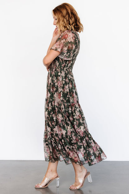 Mara Embroidered Tulle Dress | Dark Green + Blush Floral - Baltic Born