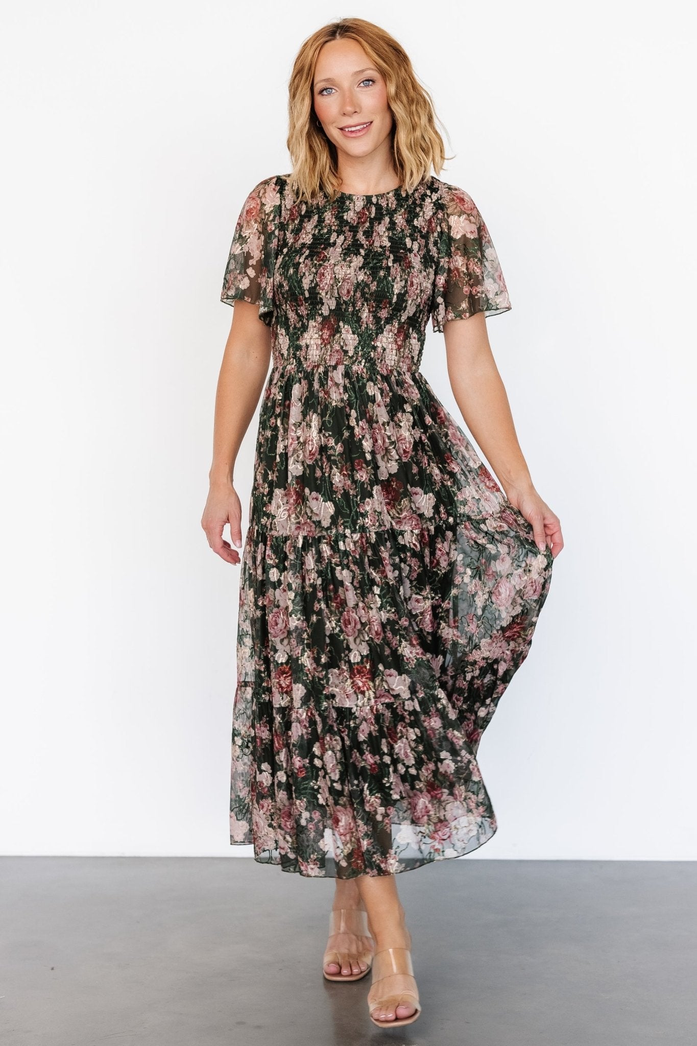 Mara Embroidered Tulle Dress | Dark Green + Blush Floral - Baltic Born