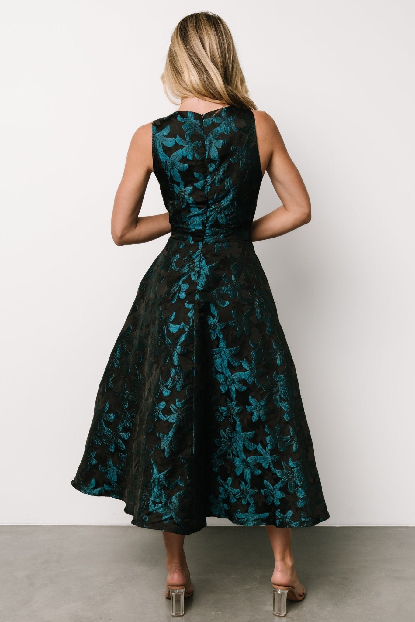 Maren Embossed Midi Dress | Black + Teal Floral - Baltic Born