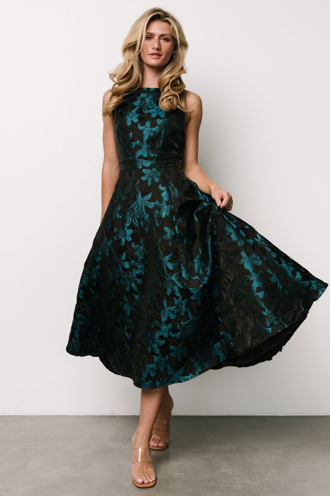 Maren Embossed Midi Dress | Black + Teal Floral - Baltic Born