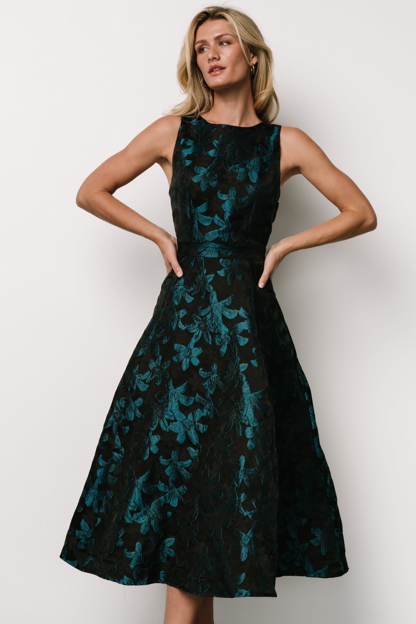 Maren Embossed Midi Dress | Black + Teal Floral - Baltic Born