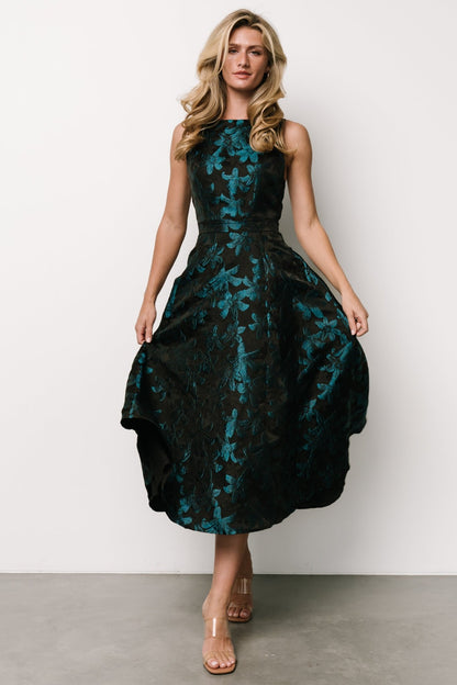 Maren Embossed Midi Dress | Black + Teal Floral - Baltic Born