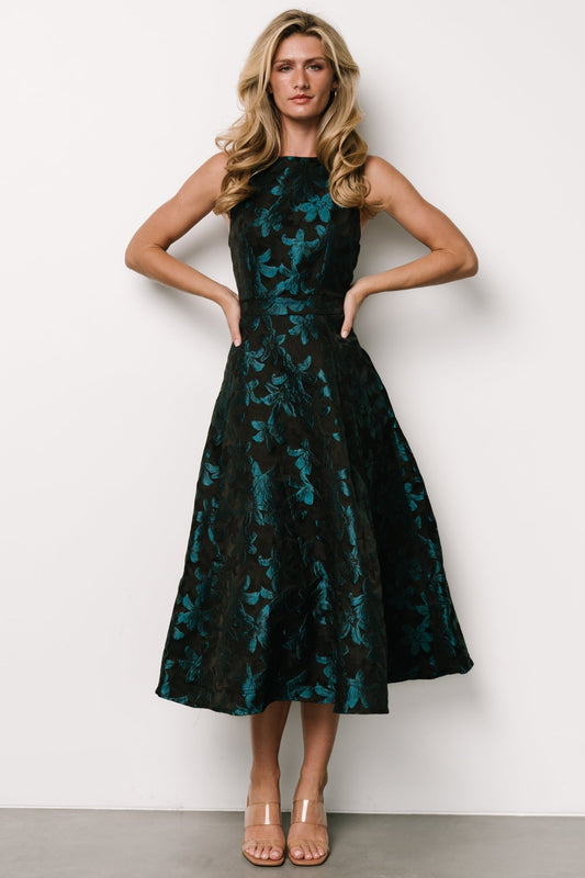 Maren Embossed Midi Dress | Black + Teal Floral - Baltic Born