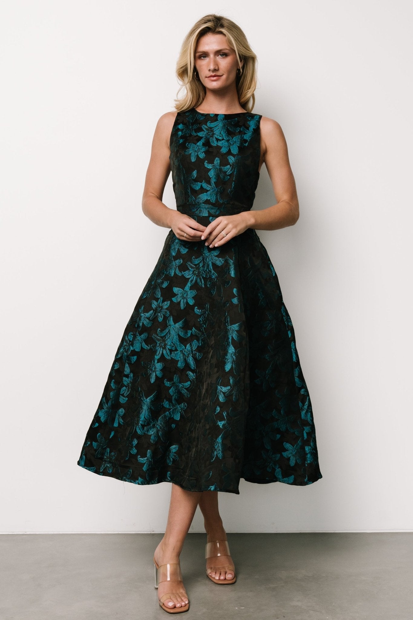 Maren Embossed Midi Dress | Black + Teal Floral - Baltic Born