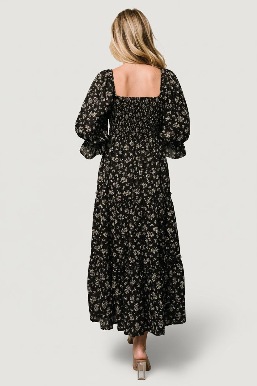 Margareta Tiered Midi Dress Black Floral | Baltic Born S Margareta Tiered Midi Dress Black Floral | Baltic Born S