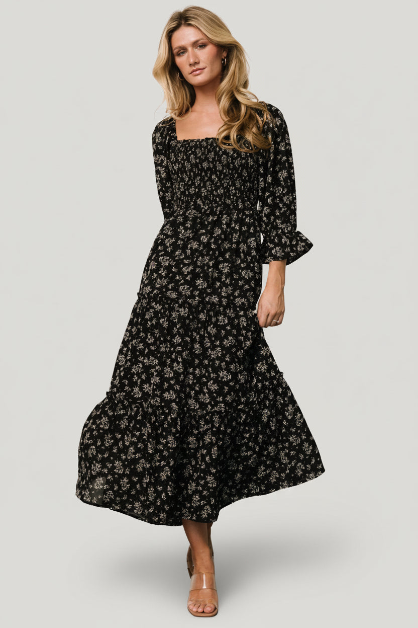 black floral knee length dress Endlessly Charmed Black Multi Floral Print Cotton Button Front Maxi Dress
