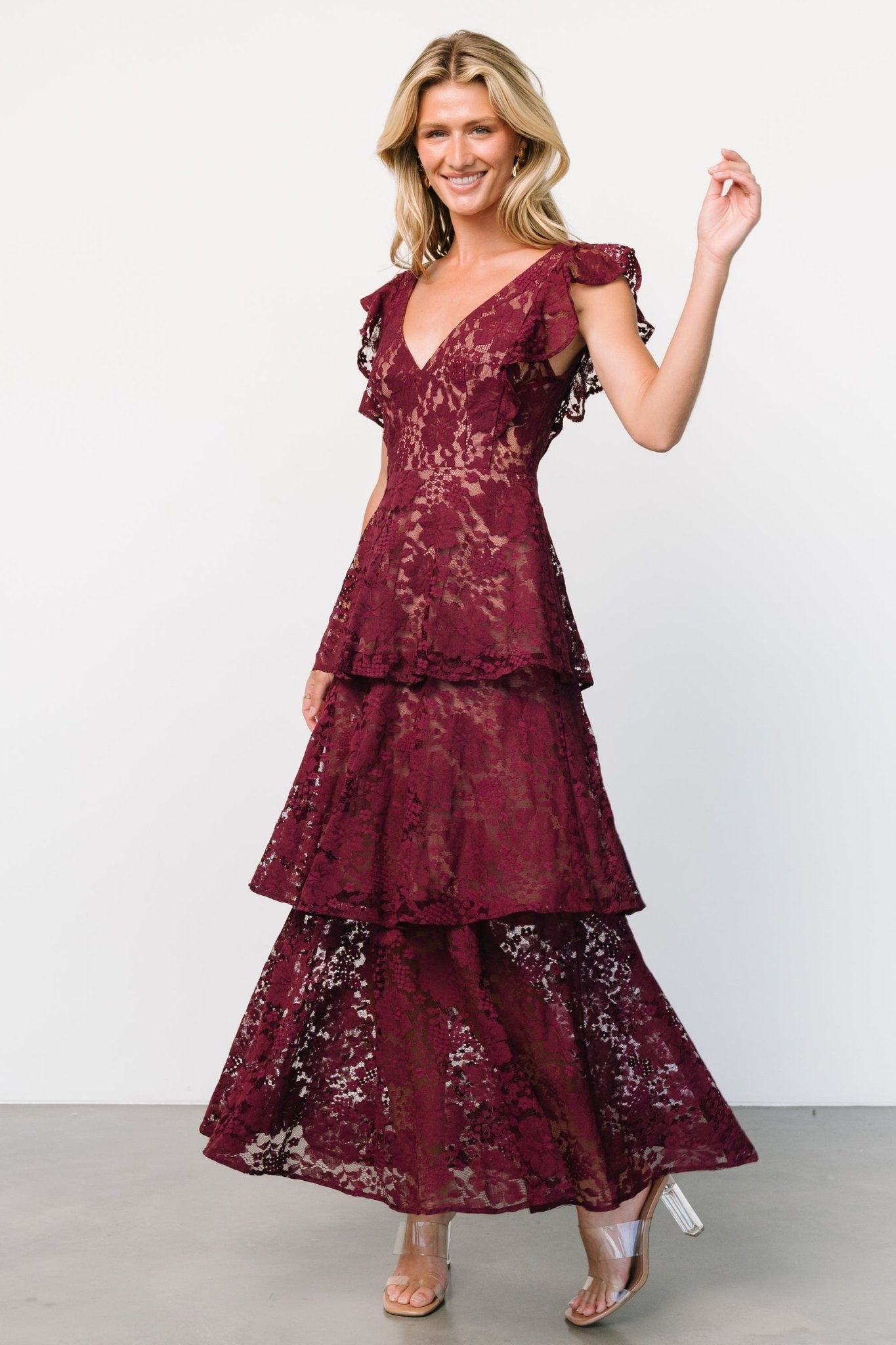 Margot Lace Tiered Maxi Dress | Wine - Baltic Born