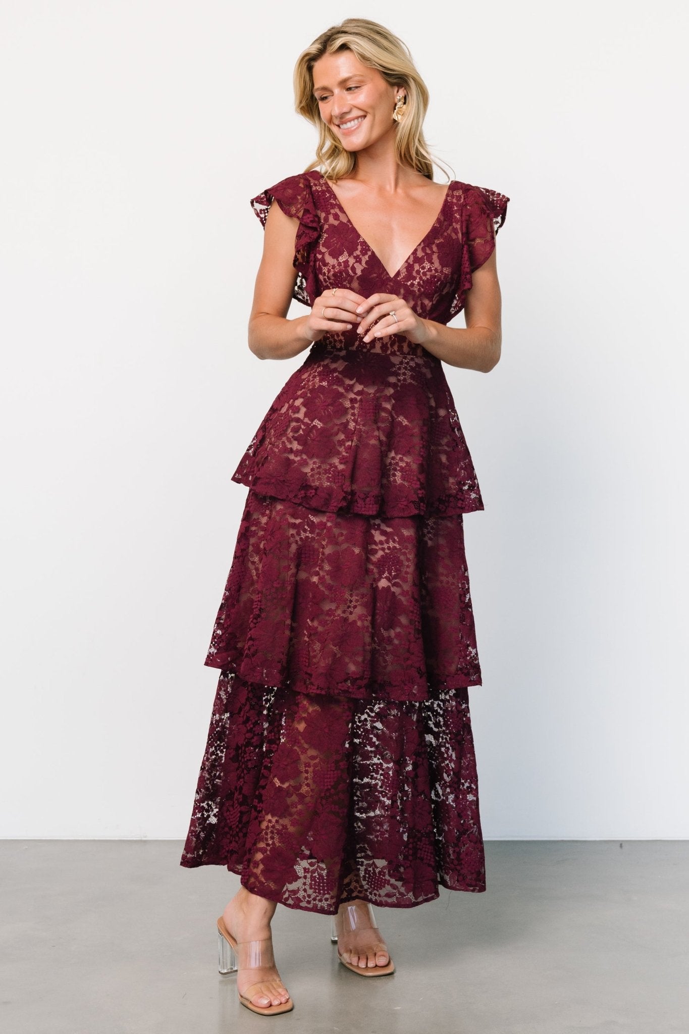 Margot Lace Tiered Maxi Dress | Wine - Baltic Born