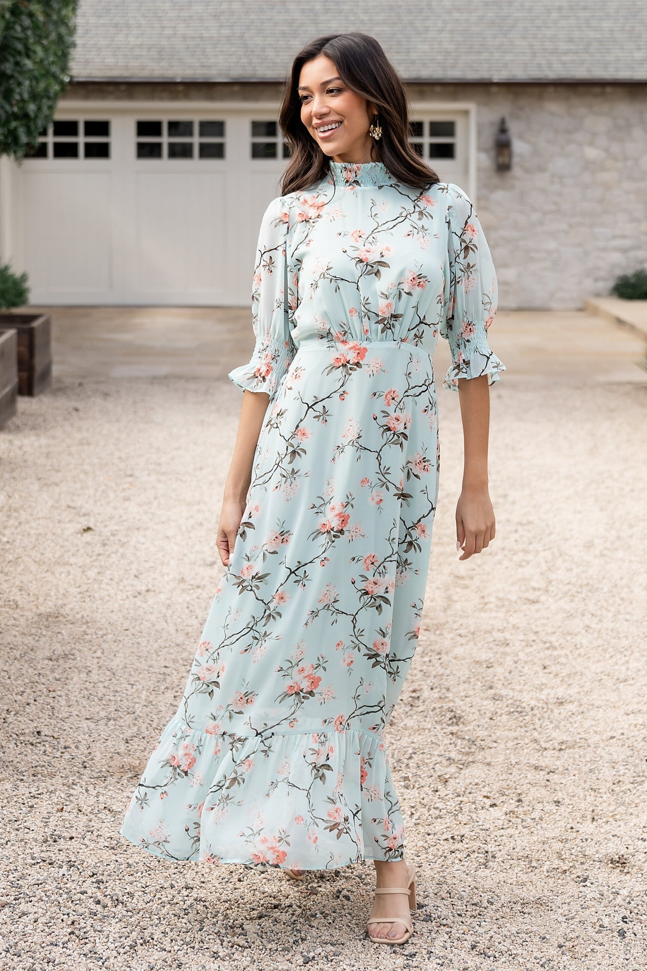Marie Mock Neck Maxi Dress — Sage Floral Maxi