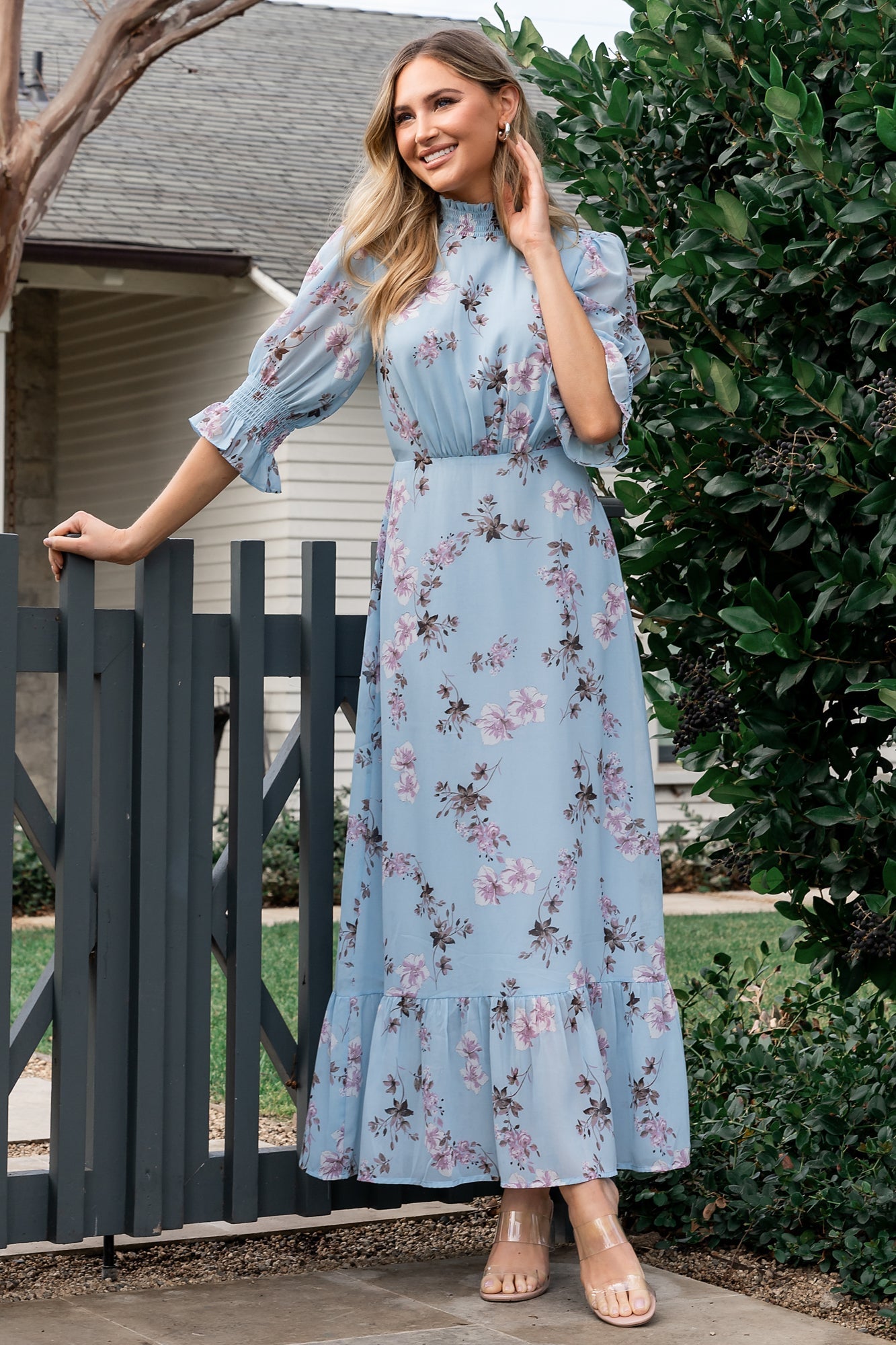Baltic Born Womens Marie Mock Neck Maxi Dress | Sky Blue Floral
